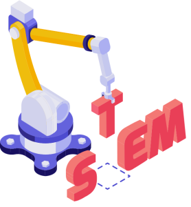 A robot is taking the letter T out of the word STEM