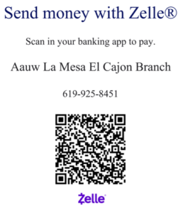 Zelle QR code and instructions to pay La Mesa-El Cajon BRANCH