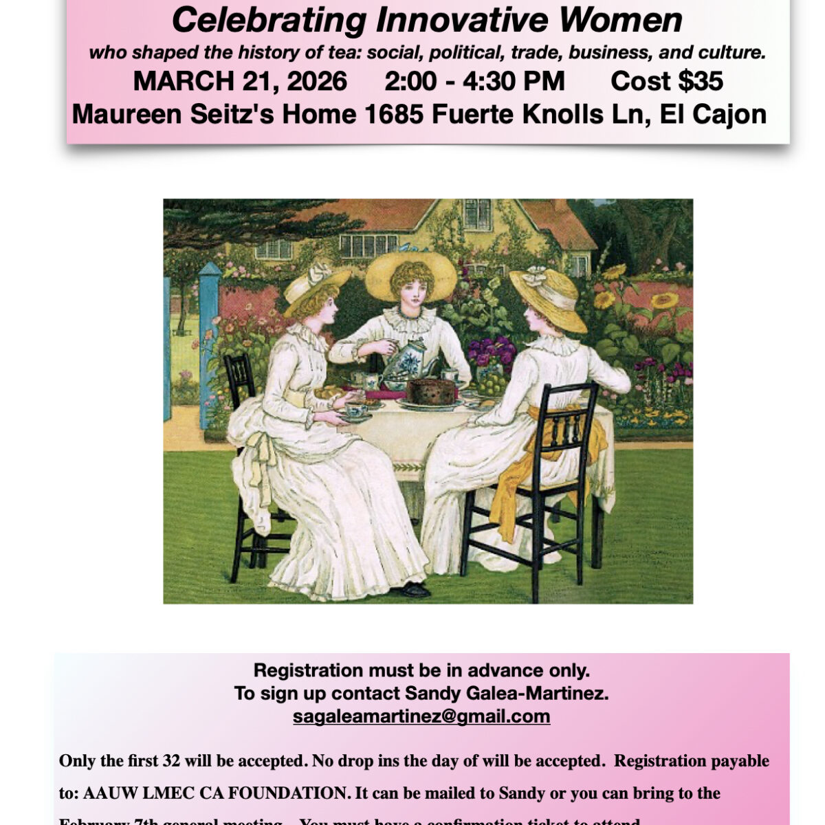 flyer for women in history tea march 21 2026